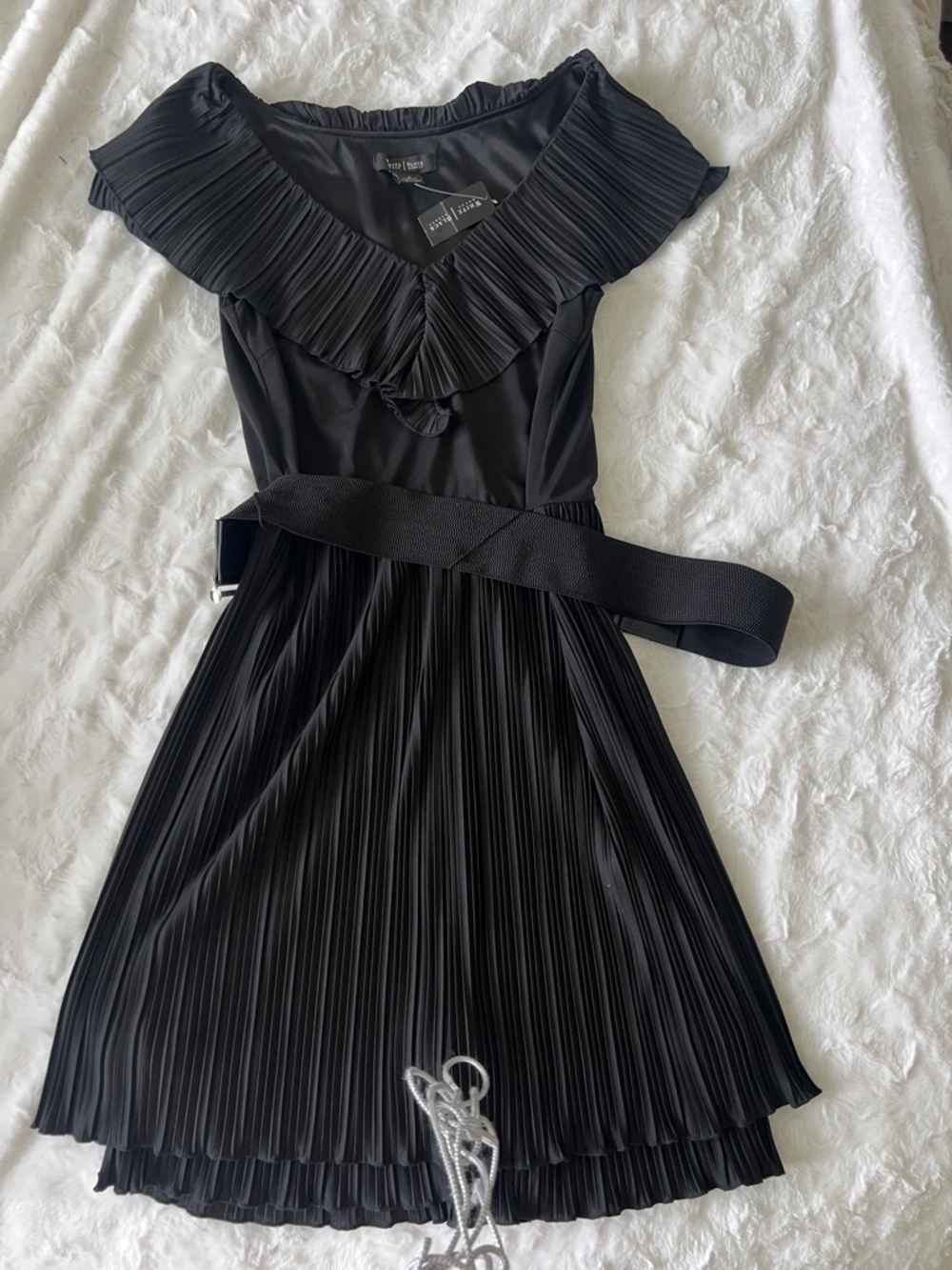 White House Black Market Black Pleated Mini Dress with Belted Waist